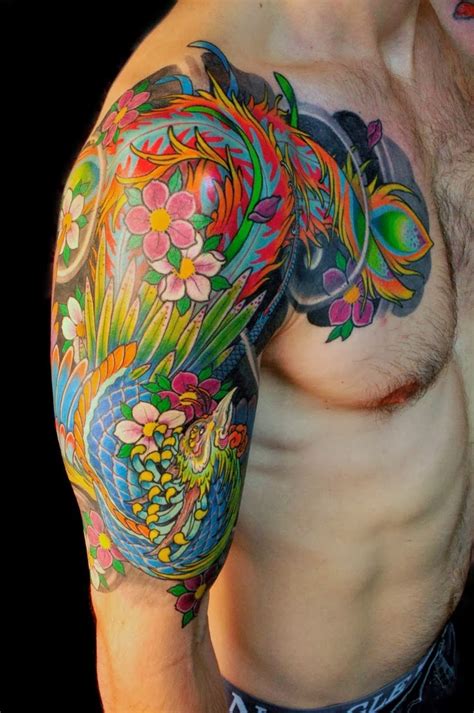 A Colorful Phoenix Tattoo On Half Sleeve And Chest Tattoo