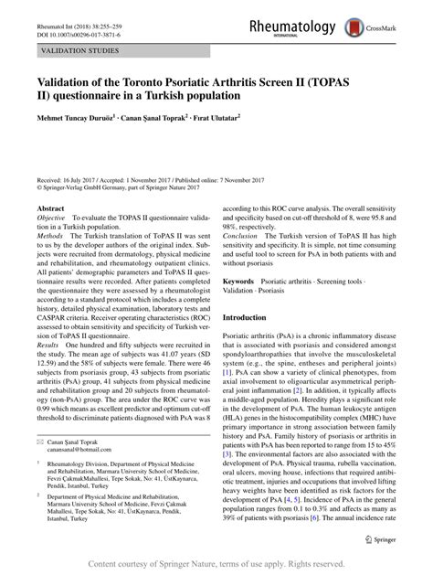 Validation Of The Toronto Psoriatic Arthritis Screen Ii Topas Ii