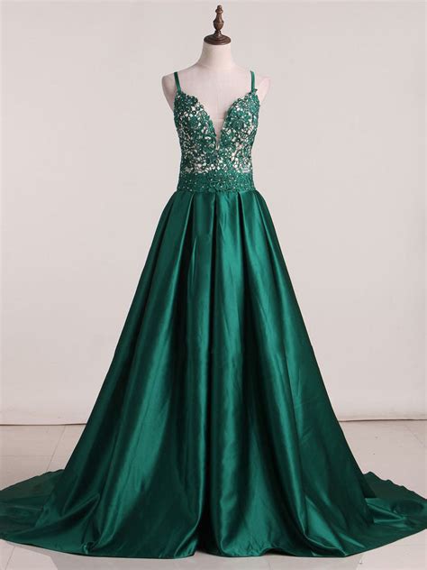 2018 A Line Prom Dresses Long Spaghetti Straps Dark Green Prom Dress E Amyprom