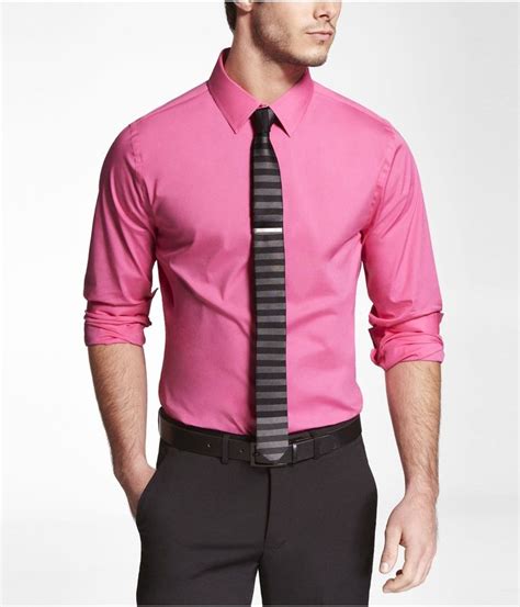 Pink Dress Shirt Black Striped Tie Black Belt Black Pants Mens