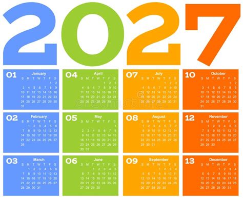 2027 Calendar With The Weeks Start On Sunday Stock Vector