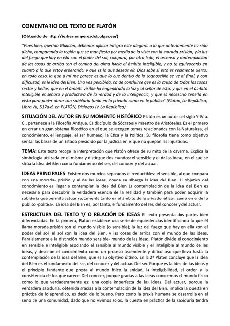 Comentario De Texto De Platón Para 2 De Bachillerato Mito De La