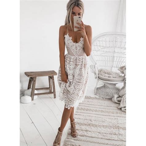 Summer White Deep V Backless Halter Lace Dress Aloha Canary