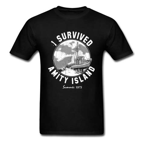 I Survived Amity Island T Shirt Men Jaws T Shirt Black Tshirt Summer