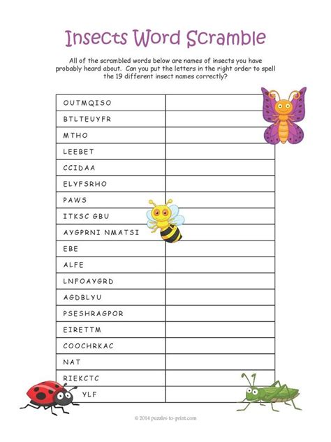 Leave a large word hidden somewhere in the room such as using invisible writing in the mirror puzzle. Printable Insect Word Scramble | Insects for kids, Scramble words, Coloring pages for kids
