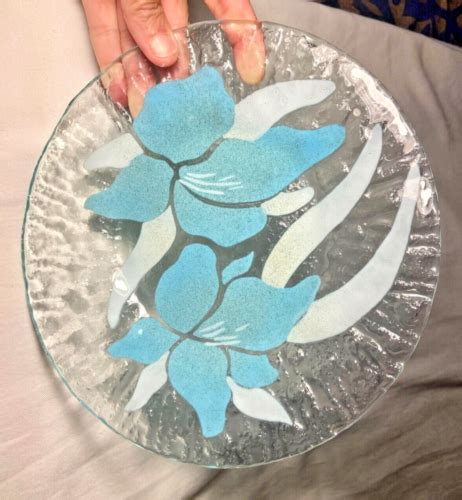 Vintage Sydenstricker Fused Art Glass Plate Blue Irises Floral 8 5 Ebay