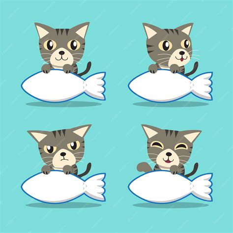 Premium Vector Cartoon Character Grey Tabby Cat With Big Fish Sign