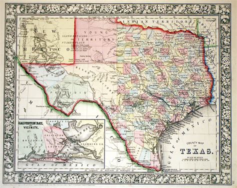 County Map Of Texas C 1865 Mitchell M 12031 000 Antique