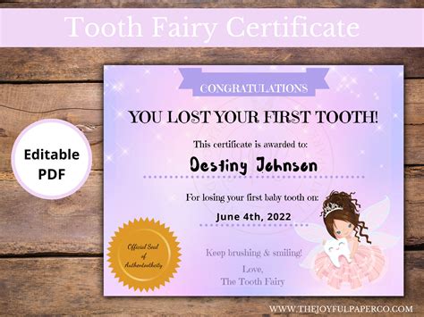 Editable Tooth Fairy Certificate Tooth Fairy First Tooth Etsy Australia