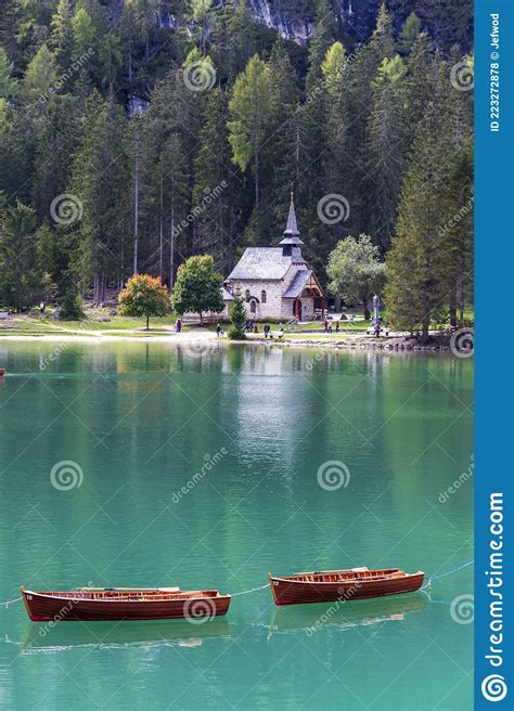 Landscape At Lake Braies Lago Di Braies In Italian Dolomiti Alps