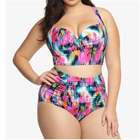 2017 Plus Size Swimwear Print Flower Beach Bikini Set Two Piece Swimsuit Floral Print High Waist