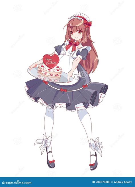 Anime Manga Girl Dressed As A Maid Waitress With A Tray Holds A
