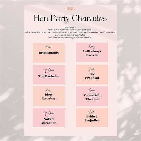 Hen Party Charades A List Of Ideas And Free Printable Download The Hen Planner