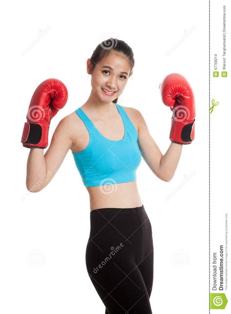 Beautiful Healthy Asian Girl With Red Boxing Glove Stock Photo Image