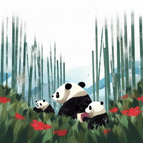 Premium Photo Pandas In A Bamboo Forest With Red Flowers And Green