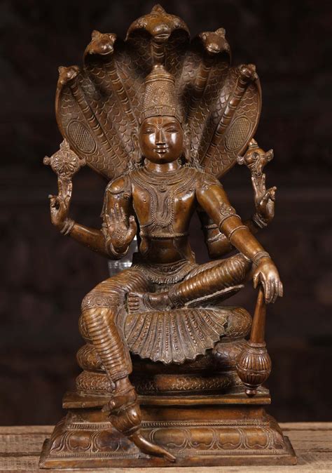 Bronze Hindu God Vishnu Seated On 5 Headed Ananta Shesha Holding Club