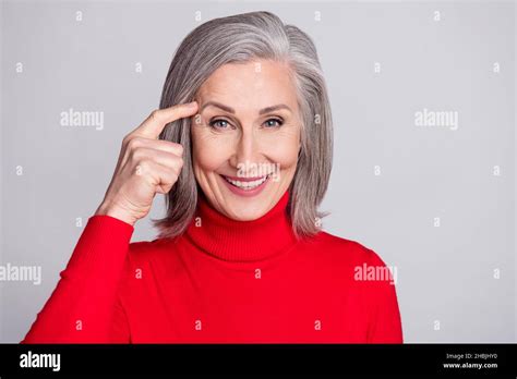 Photo Of Attractive Aged Woman Happy Positive Smile Finger Touch Head