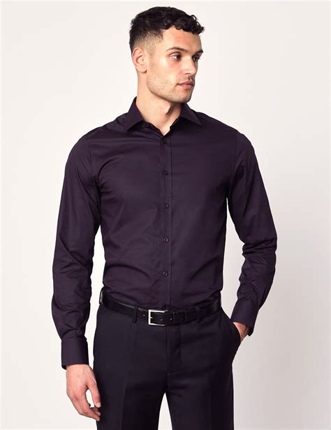 Mens Dress Dark Purple Slim Fit Cotton Stretch Shirt Single Cuff