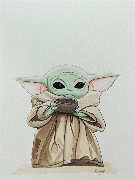 Baby Yoda Painted Using Watercolours And Fine Liners By Me Yoda