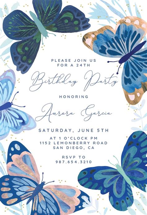 Blue Butterflies Birthday Invitation Template Greetings Island