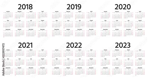 Calendar 2018 2019 2020 2021 2022 2023 Year Vector Week Starts
