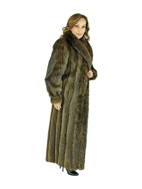 Medium Tone Long Hair Beaver Fur Coat Womens Fur Coat Small