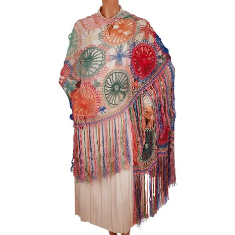 Vintage Shawl 1930s Fringed Knit Wool And Knotted Silk Multicoloured From Poppysvintageclothing