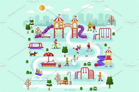 Winter On The Kids Playground Map Illustrator Graphics Creative Market