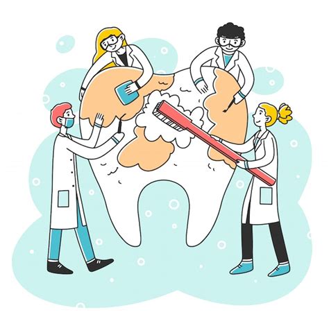 Happy Dentists Cleaning Big Tooth Premium Vector