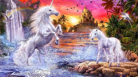 Download the background for free. Fantasy Unicorns Castle Sunset River Falls Palm Flowers ...