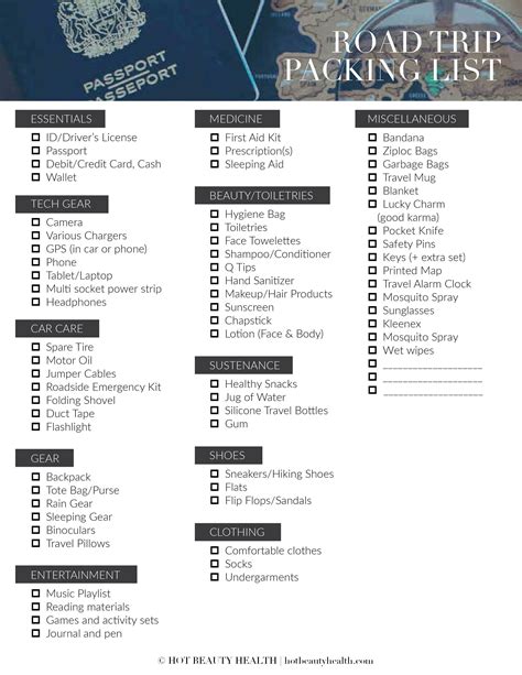 Road Trip Packing List Printable Template Business Psd Excel Word Pdf