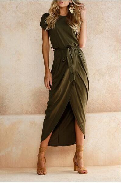 Army Green Short Sleeve Solid Cotton Blend High Low Maxi Dress