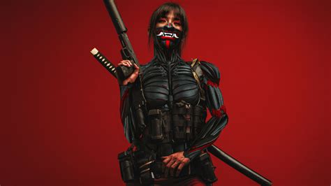 Download Wallpaper 1366x768 Cyberpunk Ninja With Katana And Gun Art