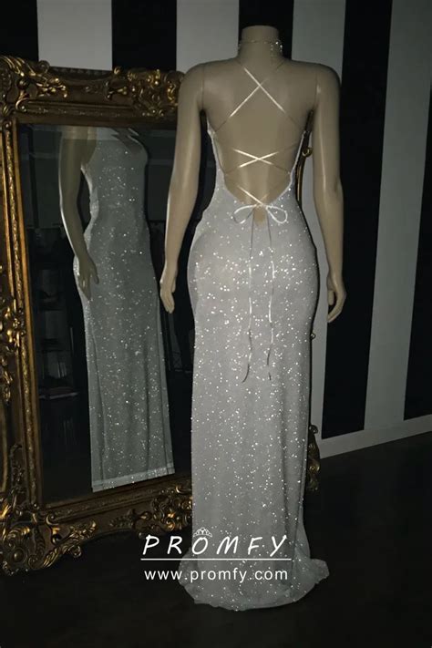 Sparkling Metallic Glitter Slit Long Prom Dress Promfy