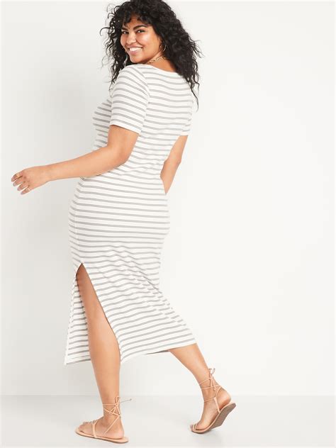 Fitted Short Sleeve Striped Rib Knit Midi Dress For Women Old Navy