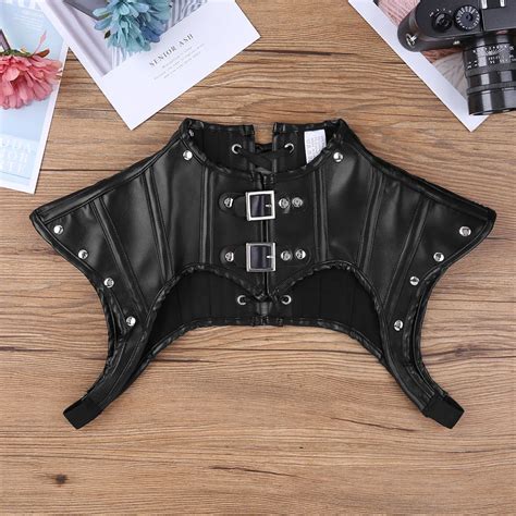 Tiaobug Women Black Pu Leather Lace Up Chest Harness Shirt With Buckles