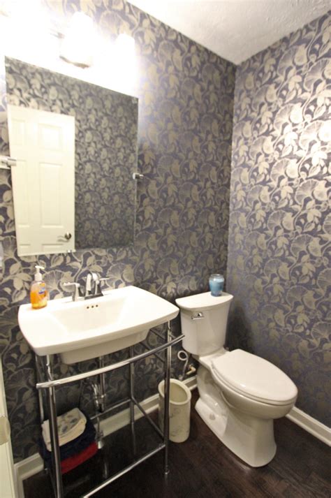 Transitional Powder Room With Metal Console Table Pedestal Sink