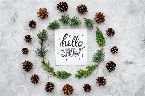 Hello Snow Hand Lettering Winter Pattern With Pinecones And Spruce