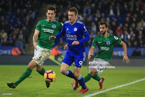 Jamie Vardy Of Leicester City In Action With Lewis Dunk And Martin