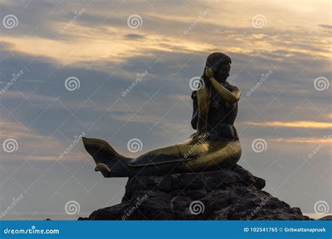 Golden Mermaid Statues On Samila Beach Landmark Of Songkla Thailand