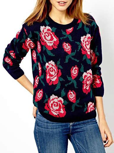 Womens Floral Sweater Black Red Flowers Half Sleeve