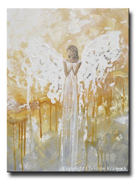 Original Abstract Angel Painting Fine Art Gold Grey White Spiritual