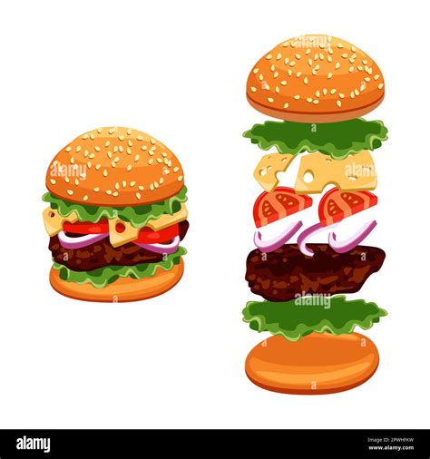 Whole Hamburger And Ingredients Vector Illustrations Set Stock Vector
