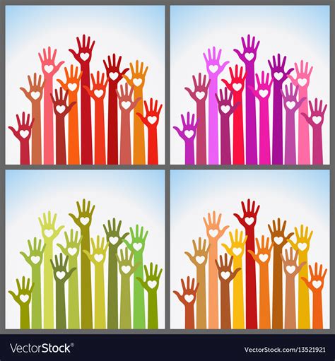 Set Of Colorful Volunteers Caring Up Hands Hearts Vector Image