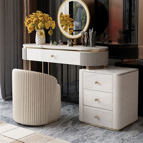 Oboval Modern Makeup Vanity Table With Side Cabinet 4 Drawers And Faux
