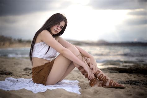 Wallpaper Brunette Women Outdoors Beach Long Hair Short Tops Miniskirt Dark Eyes