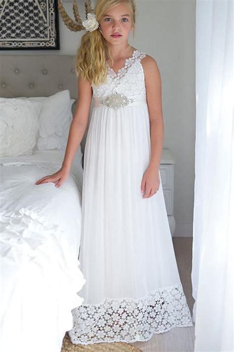 A Line Sleeveless Chiffon Empire White Long Flower Girl Dress With Lace