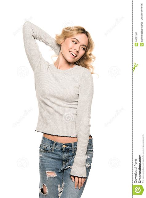 beautiful blonde cheerful woman posing in casual clothes stock image image of cheerful