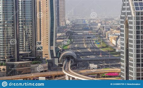 Busy Sheikh Zayed Road Aerial All Day Timelapse Metro Railway And