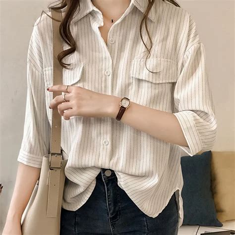 Korean Style Fashion Striped Half Sleeve Pockets Shirts Women Blouses Shirts Autumn Casual Turn